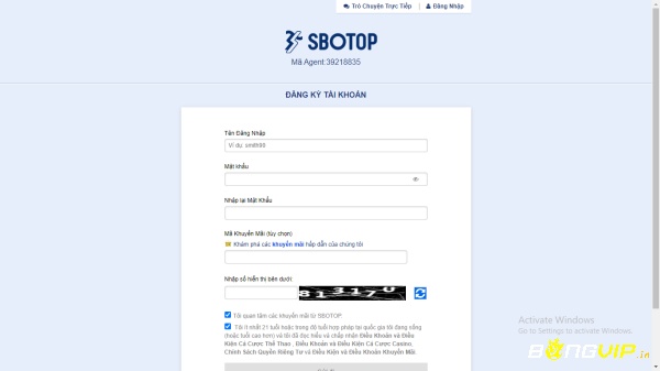 Biểu mẫu đăng ký tài khoản trên nhà cái Sbobet