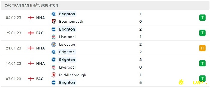Phong độ thi đấu tại 5 trận gần nhất của đội khách Brighton