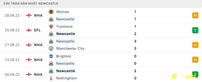 Phong độ thi đấu tại 5 trận gần nhất của đội khách Newcastle United