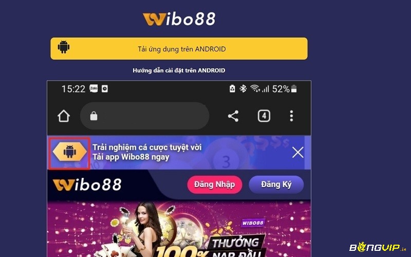 Click tải app cho Android trên giao diện trang chủ web cược Wibo88